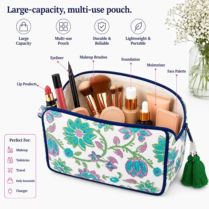 Travel Makeup Bag- Large Capacity Cosmetic Bags for Women - Water Resistance Lining Portable Pouch & Open Toiletry Bag - Perfect Girls Makeup Organizer for Travel Essentials (White & Green Floral) - Image 2