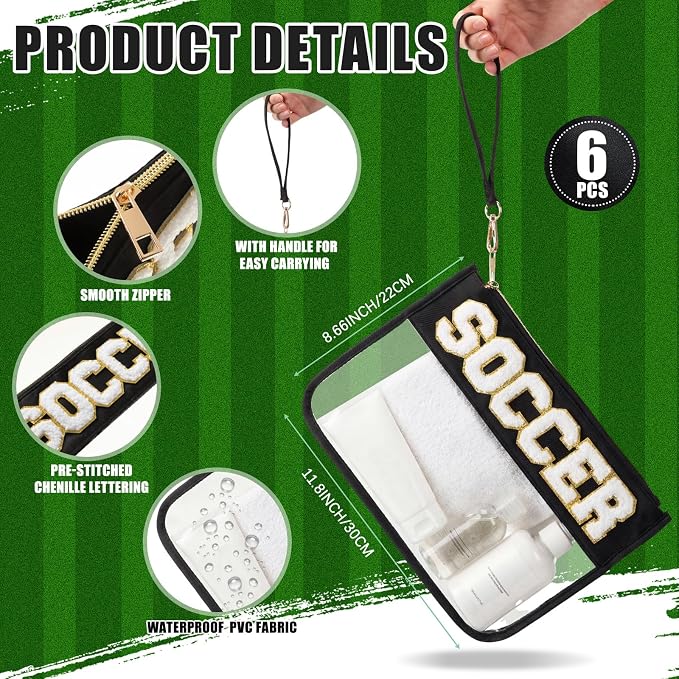 6 Pcs Soccer Gifts for Team, Chenille Letter Clear Makeup Bags, Black PVC Zipper Pouch Set for End of Season Banquet, Senior Night, Watch Party Favors - Image 2