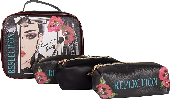 Nicole Lee Travel Handbag Crossbody Set with 3 Fashion Print Makeup Pouches, Women's Cosmetic Toiletry Organizer (Love Me Half) by NicoleLee