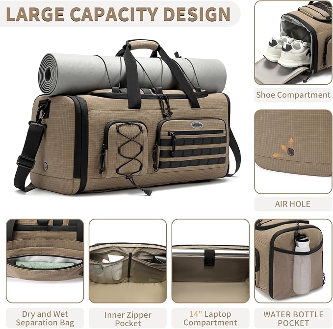 Bosstin Gym Bag for Men & Women,45L Travel Duffle Sports Duffel Bag Gym Weekender Overnight Backpack with Shoe Compartment (KHAKI CHECKERED) - Image 3