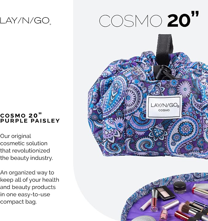 Lay-n-Go Cosmo Drawstring Cosmetic & Makeup Bag Organizer - Portable Drawstring Makeup Bag w/Zipper Pocket, Makeup Loops & More - Durable, Machine Washable Toiletry Bag (20", Purple Paisley) - Image 2