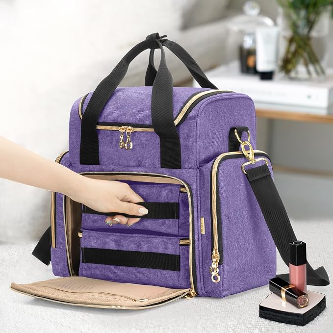 LUXJA Travel Makeup Bag with 2 Removable Makeup Cases, Purple | Large Cosmetic Bag with Multiple Storage Sections, 3 Detachable Dividers, Detachable Shoulder Strap, Trolley Sleeve - Image 5