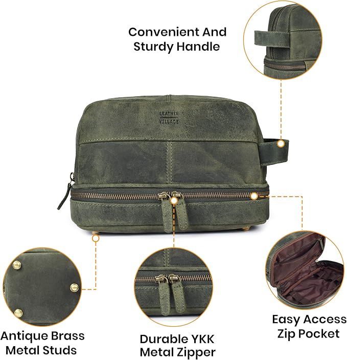 LEATHER VILLAGE Genuine Leather Dopp Kit - Travel Bag with Waterproof Lining, Large Capacity Toiletry Bag, Dual-Zip Design for Men & Women, Shaving & Bathroom Essentials Organizer - Olive - Image 2