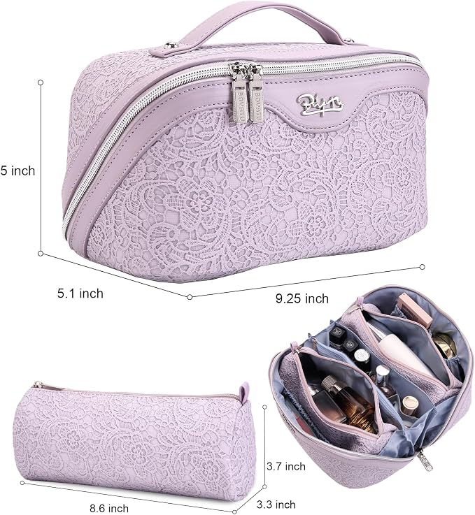 BOYATU Travel Makeup Bags Cosmetic Organizer Bag: 3-Set Large Capacity Make up Bag - PU Leather Toiletry Bags for Women - Wide Open Portable Pouch with Divider & Handle (A-Violet) - Image 2