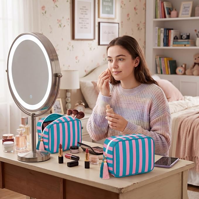 Kacctyen 6 Pack Blue and Pink Striped Makeup Bag bulk with Tassel Travel Cosmetic Pouch Organizer Large Zipper Toiletry Case for Women Aesthetic Storage Pouch Mahjong Tile Bag - Image 6