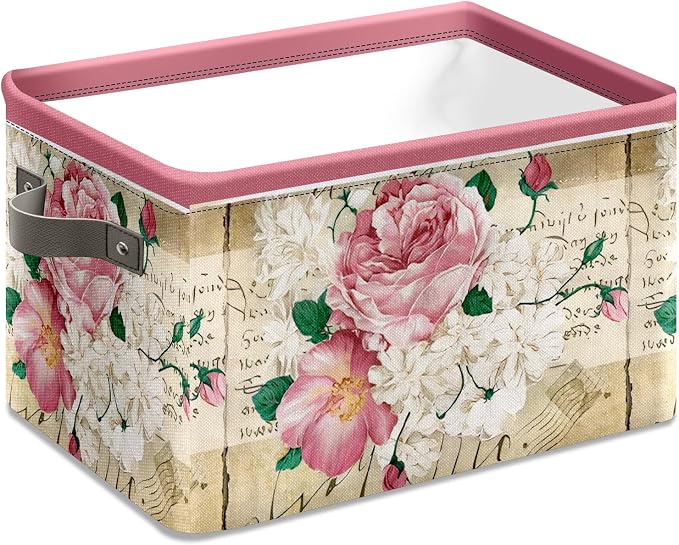 Vintage Rose Floral Foldable Baskets Storage Bins with Handles, Decorative Cloth Organizer Storage Boxes 2 sets - Image 3