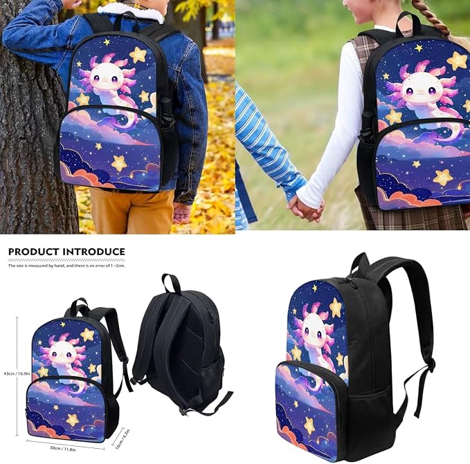 Cartoon Galaxy Axolotl Schoolbag and Lunch Box Pencil Case Water Holder Sleeve for Girls Boys Axolotls Backpack 4pcs Set,Back to School Supplies Axolotl Backpack for Toddler Girl - Image 3