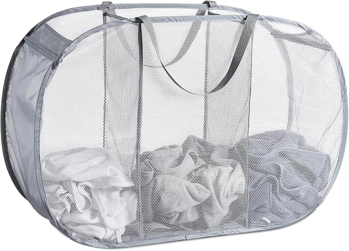 Seiritex Mesh Popup Laundry Hamper 3 Compartment Sortable Horizontal Collapsible Laundry Basket for Clothes Laundry Room Bedroom Toys Travel (Gray) by SEIRITEX