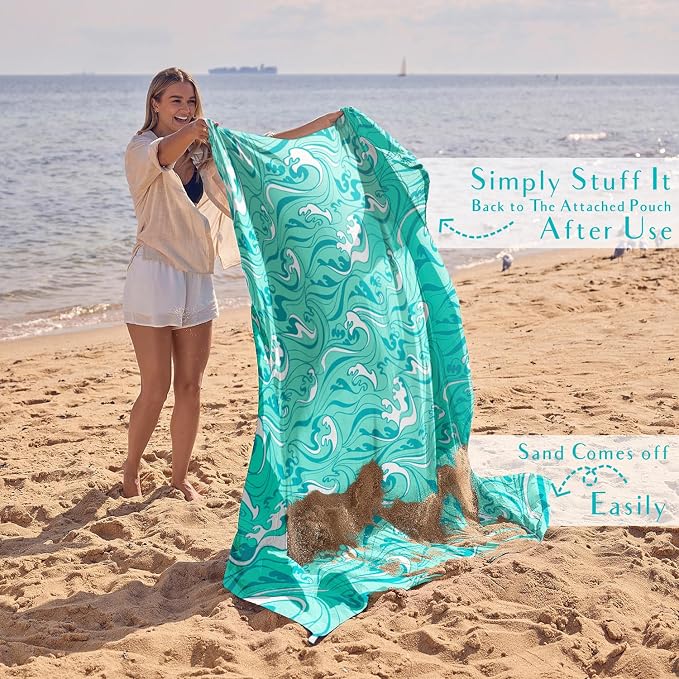 WEKAPO Beach Blanket Waterproof Sandproof Oversized Extra Large Sand Free Beach Mat with Stakes, Storage Bag - Essentials for Outdoor Beach, Picnic (Turquoise Ocean Waves, 11 X 9 FT (1~10 Person)) - Image 5