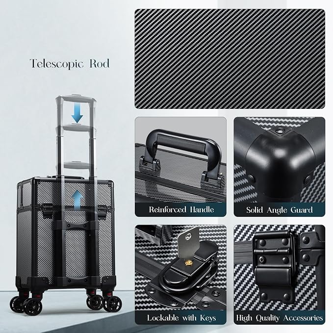 Rolling Makeup Case, Cosmetology Case on Wheels Professional Vanity Case with Trays for Women Large Travel Makeup Box Organizer Trolley with Key, Ashy Grey - Image 7