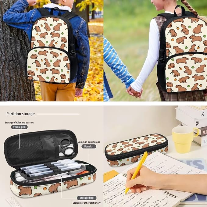 4Piece Personalized Cartoon Capybara Backpack Kids Schoolbag Sets with Lunch Box,Pencil Case Water Holder Sleeve Crossbody Bag for Boy Girl 9-10,17Inch Large Capacity Bookbag Casual Daypack - Image 5