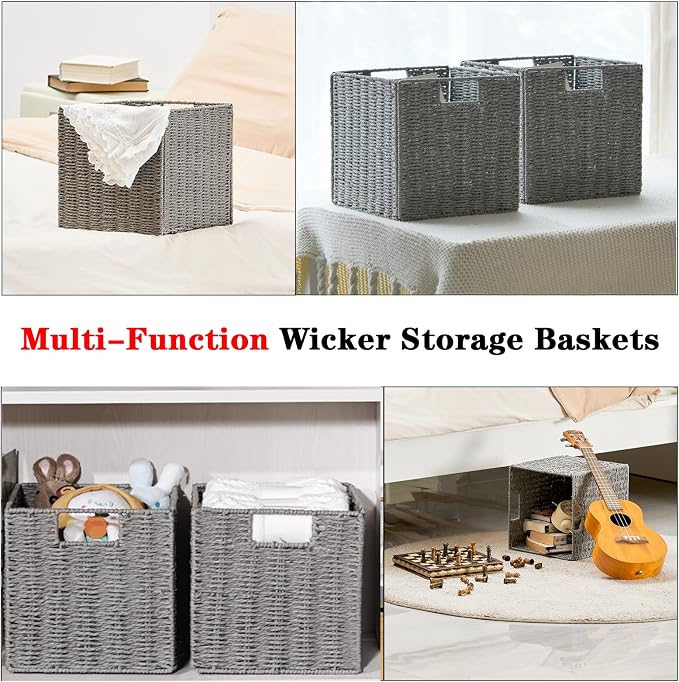 Vagusicc Wicker Storage Basket, Set of 2 Hand-Woven Storage Baskets for Shelves with Handles, Foldable Cube Storage Baskets Bins Organizer 13 inch Large Wicker Baskets for Pantry Bedroom Decor, Grey - Image 6