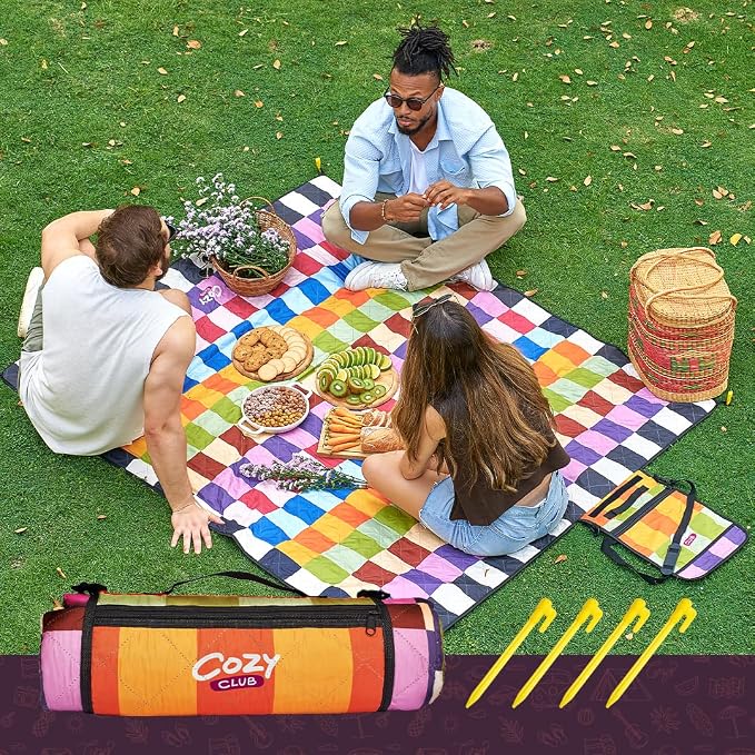 Cozy Club Waterproof Picnic Blanket – Foldable Outdoor Mat 60x70 with Stakes, Pocket & Shoulder Strap | Sandproof Beach Blanket for Festivals, Camping & Travel | Self-Packing | Multicolor | US Brand by CozyClub