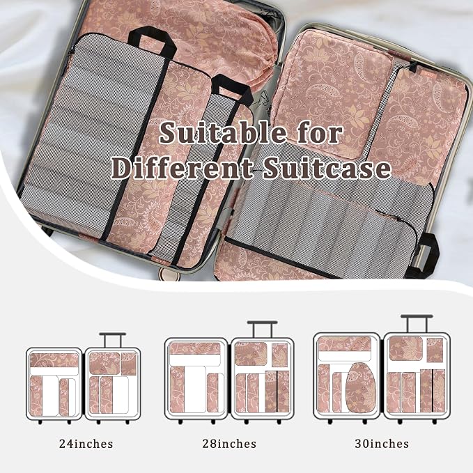 U+U 10 Set Compression Packing Cubes - Ultralight Travel Organizers with Laundry Bag, Space-Saving Suitcase Organizer, Expandable Packing Cubes for Travel and Family Vacation (Paisley Pattern) - Image 8