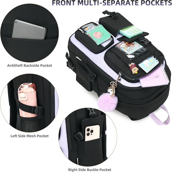 LXYGD Laptop Backpacks 16 Inch School Bag College Backpack 3 PCS with Lunch Box Pencil Pouch Set Large Travel Daypack Kawaii Bookbags for Teens Girls Women Students (Black Purple) - Image 3