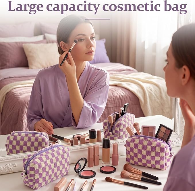 Gilprop 8 Pcs Checkered Makeup Bag for Purse Small Cosmetic Pouch Bulk Portable Zipper Makeup Pouch Travel Toiletry Organizer Gifts for Women Bridesmaid Wedding Party Favors (Purple) - Image 6