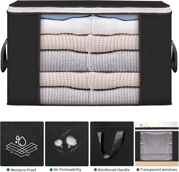 Large Storage Bags, 8 Pack Clothes Storage Bins Foldable Closet Organizers Storage Containers with Durable Handles Thick Fabric for Blanket Comforter Clothing Bedding 90 L (Black) | Foldable Storage Containers, with Reinforced Handle, for Clothing, Bla... - Image 4