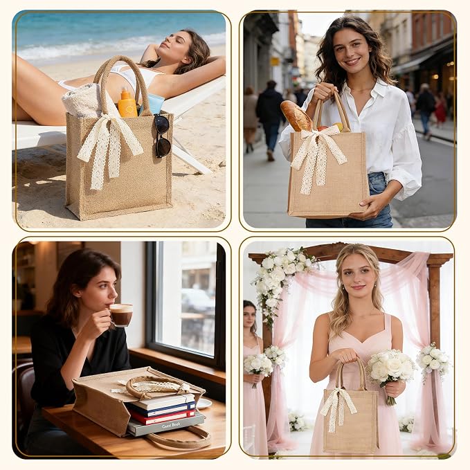 Burlap Tote Bag Set with Ribbon, Reusable Blank Water Resistant Grocery Bags - Image 4