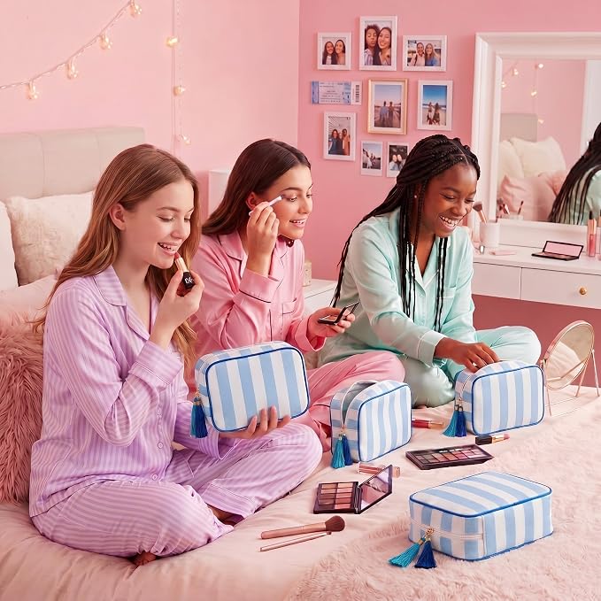 Kacctyen 6 Pack Baby Blue and White Striped Makeup Bag bulk with Tassel Travel Cosmetic Pouch Organizer Large Zipper Toiletry Case for Women Aesthetic Storage Pouch Mahjong Tile Bag - Image 5