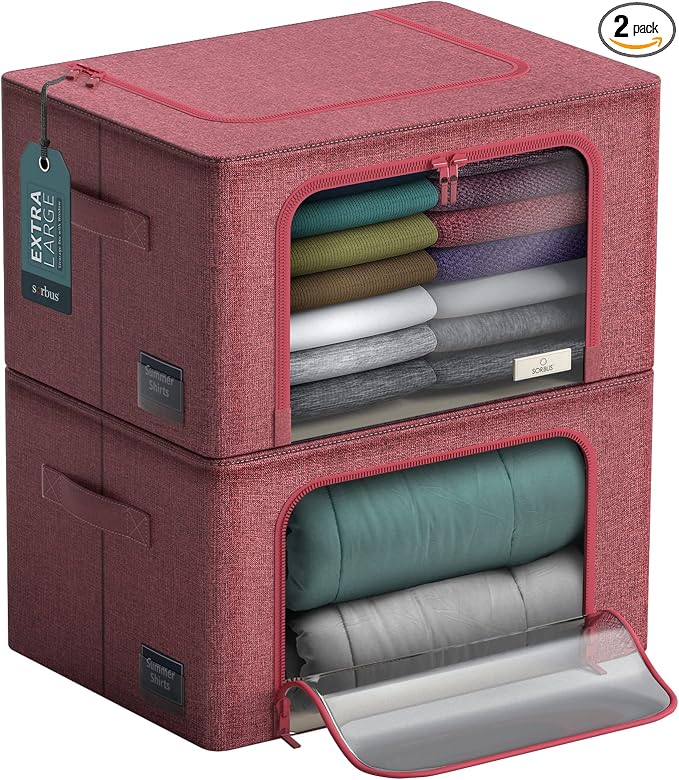Sorbus Jumbo Storage Bins with Metal Frame - Oxford Fabric Storage Containers with Large Clear Window & Carry Handles - Stackable & Foldable Clothes Organizer Bags for Bedding Linen, Clotheing & More by Sorbus