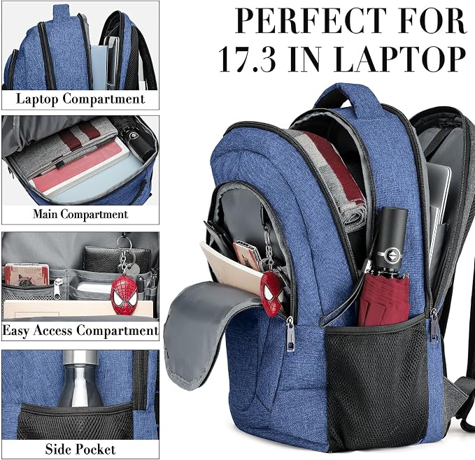 BIKROD Backpack for Women and Men, Extra Large School Backpacks for Teens, Water Resistant Back Pack Fits 17 Inch Laptop, Business Anti Theft Sturdy Computer Bag Gifts, Blue - Image 3