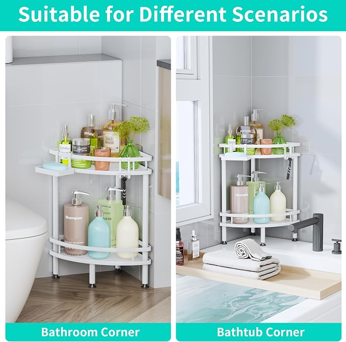 HapiRm Standing Corner Shower Caddy - 2 Tier Shower Organizer Corner with Soap Holder and 4 Hooks, Rustproof Bathroom Storage Shelves with Adhesives, White - Image 5
