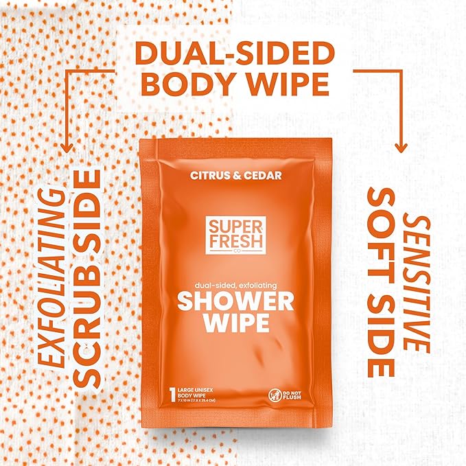 Super Fresh Shower Wipes Large Citrus Body Wipes for No Rinse Bathing Personal Hygiene Gym Travel or Camping Enriched with Aloe and Vitamin E 50 Individually Wrapped Disposable Sheets