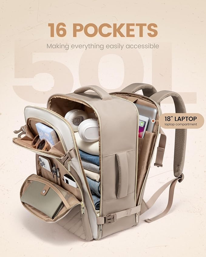 LOVEVOOK Travel Backpack Carry on Flight Approved 50L,Waterproof TSA Travel Essentials Personal Item Backpack for Women Men,Large Carry on Luggage Suitcase Travel Bag for Airplane with 3 Packing Cubes - Image 4