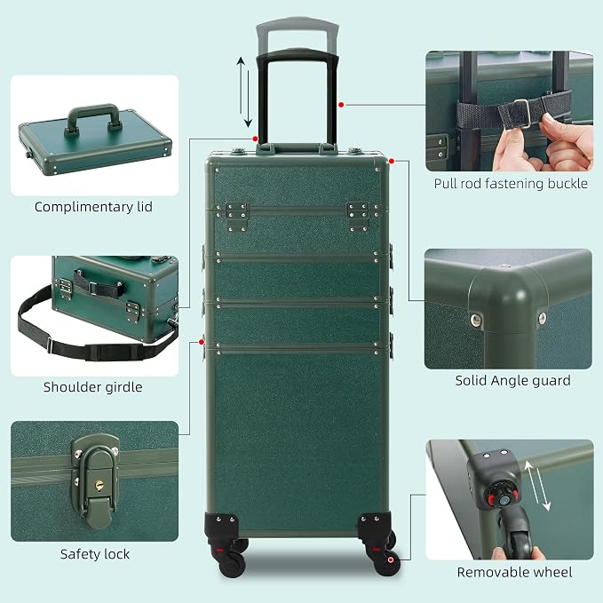Somduy Makeup Train Case, Rolling Makeup Case with Lid, 5 in 1 Cosmetology Case on Wheels, Christmas Gift, Large Makeup Case Organizers, Profesional Cosmetic Case for Salon Barber, Green - Image 5