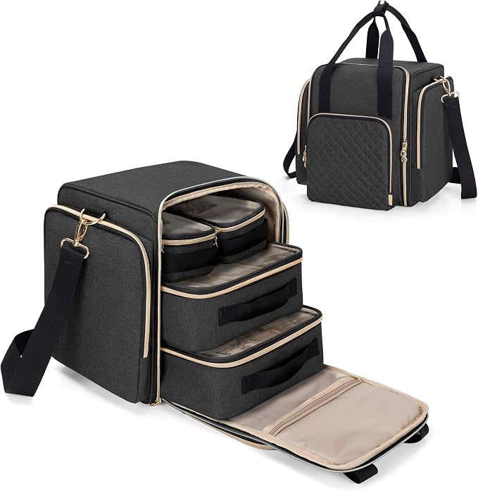 LUXJA Travel Makeup Bag with 4 Inner Removable Makeup Cases, Black | Large Cosmetic Bag with Multiple Storage Sections, Detachable Shoulder Strap, Trolley Sleeve, Transparent Cover by Luxja