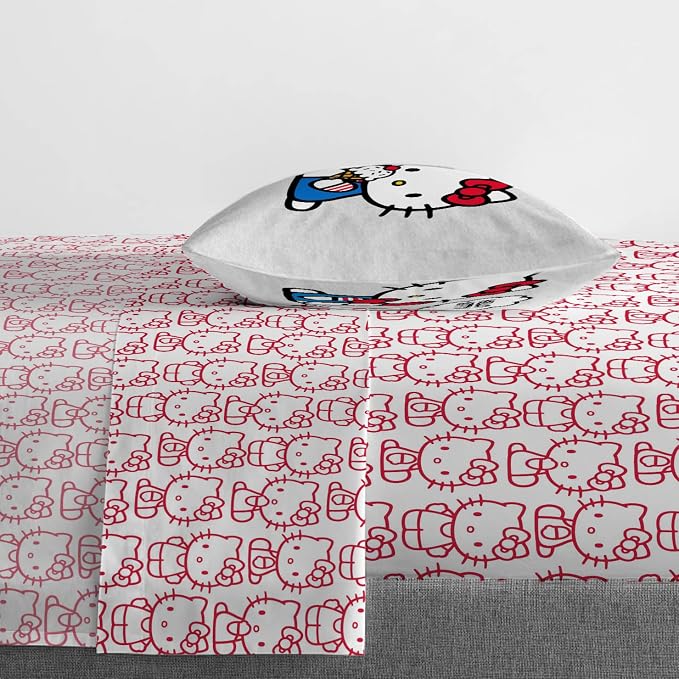 Jay Franco Sheet Set with Fitted, Flat Sheets & Pillow Cover - Ultra-Soft Bedding with Pillowcase for Room Decor, Red - Hello Kitty, 3 Piece Twin - Image 6