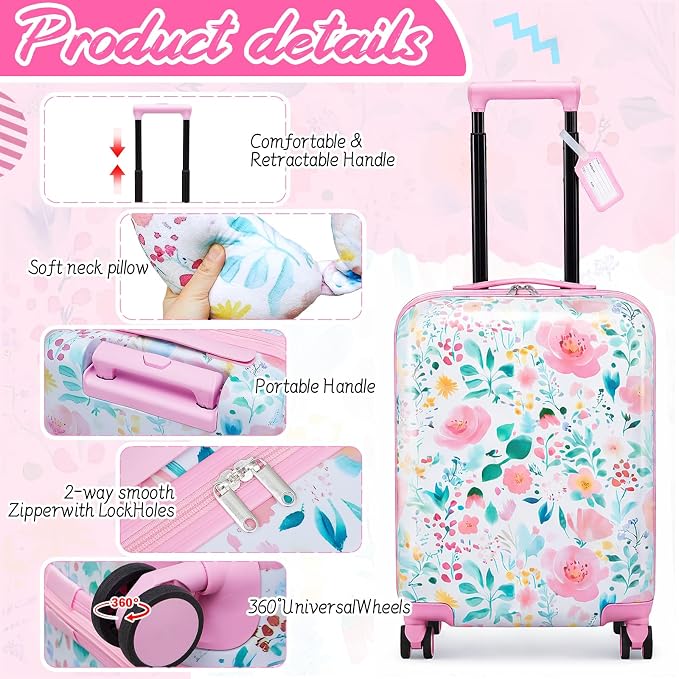 Sanwuta 4 Pcs Kids Luggage Set Back to School Gifts for Girls Boys Carry On Rolling Suitcase Backpack Neck Pillow Travel Set(18 Inch,Flower Style,Pink Green) - Image 4