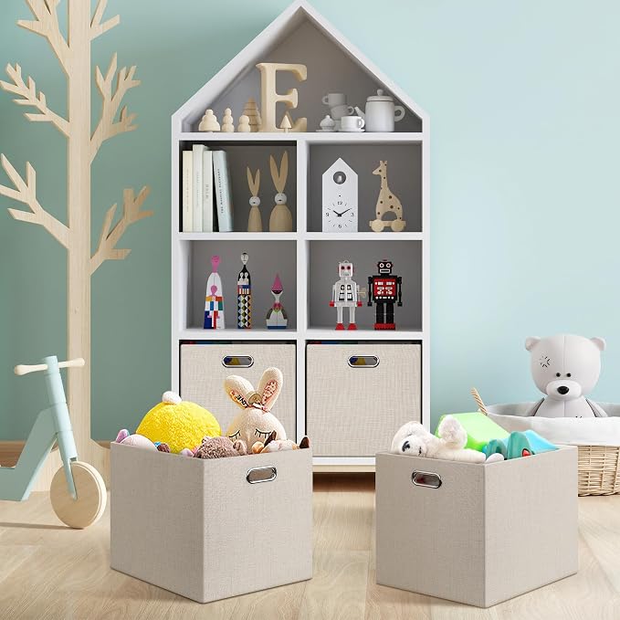 Posprica 13x15x13in Collapsible Storage Bins, Fabric Foldable Cube Storage Boxes, Decorative Storage Baskets Organizer for IKEA Kallax, Shelves, Closet, Clothes, Set of 4-Beige - Image 8