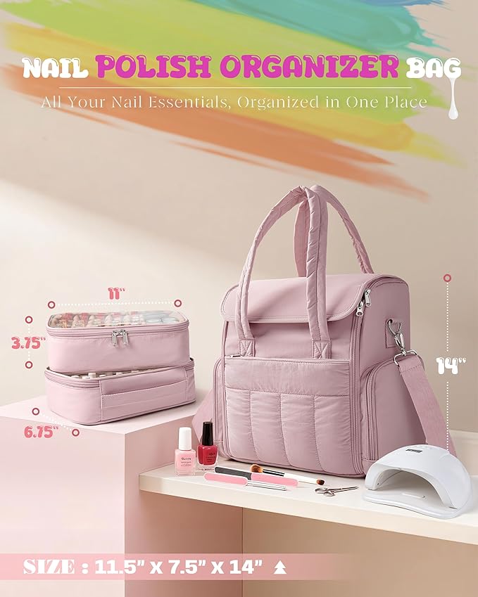 Marscamd Nail Polish Organizer Bag Holds 70 Bottles and Nail Lamp, Nail Polish Storage Case with 2 Removable Bags and Multiple Pockets, Pink - Image 5