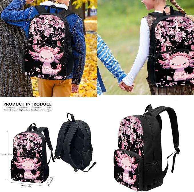 Cartoon Axolotl Schoolbag Set with Lunchbox Pencil Case Water Bottle Sling Bag for Girl,4pcs Cherry Blossom Axolotl Backpack for Elementary Middle School Students,Casual Daypack 17 Inch - Image 3