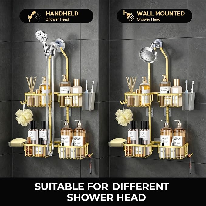 Adjustable Hanging Shower Caddy for Handheld Showerhead, Rustproof Aluminum Over Shower Head Organizer, Renter-Friendly No-Swing Storage for Tall Bottles & Soap, 2-Tier, Gold - Image 3
