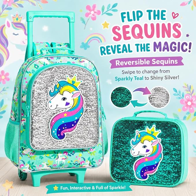 AGSDON 3PCS Rolling Backpack for Girls Boys, Kids Roller Wheels Bookbag, Wheeled School Bag with Lunch Bag - Image 3