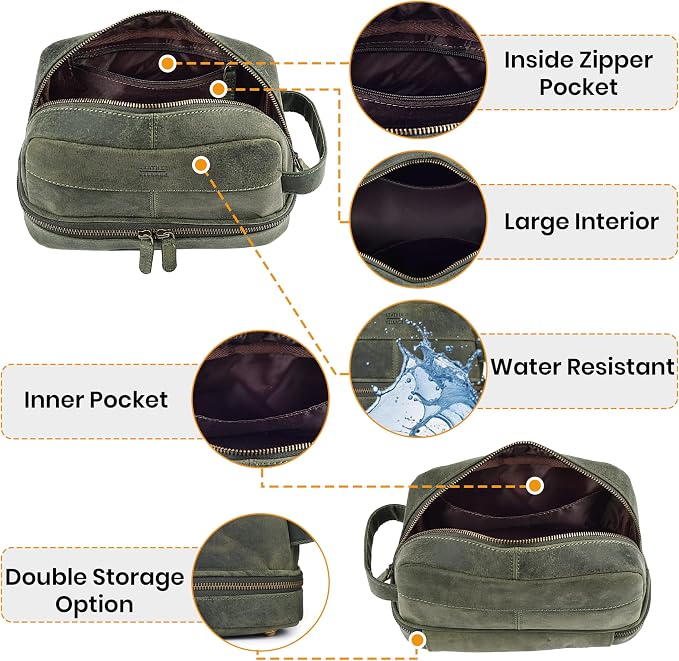 LEATHER VILLAGE Genuine Leather Dopp Kit - Travel Bag with Waterproof Lining, Large Capacity Toiletry Bag, Dual-Zip Design for Men & Women, Shaving & Bathroom Essentials Organizer - Olive - Image 3