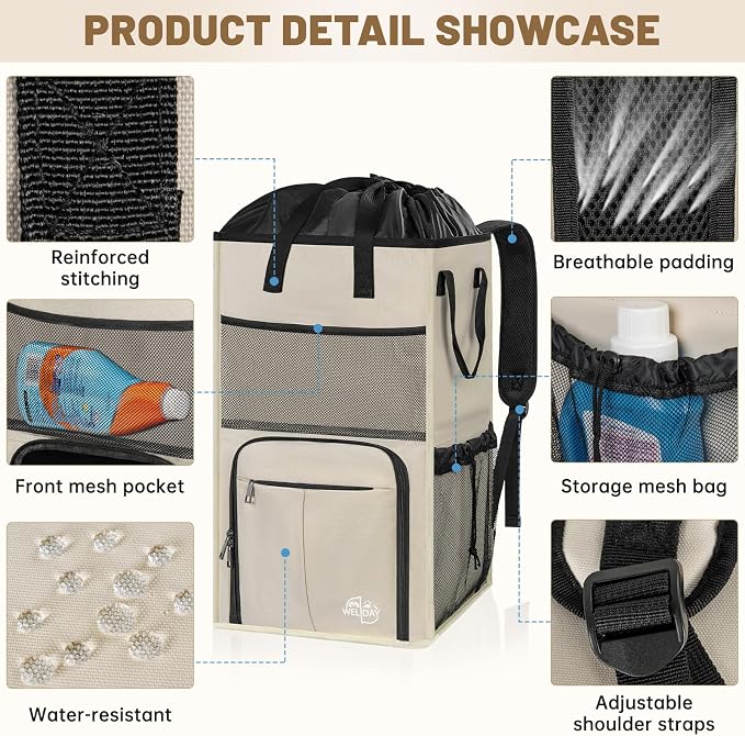 170L Laundry Backpack Bag with 3 Sizes Mesh Wash Bags Empty, Extra Large 2 in 1 Laundry Hamper Basket with Shoulder Straps, Freestanding Laundry Bag for College Dorm, Laundromat, Apartment (Beige) - Image 7