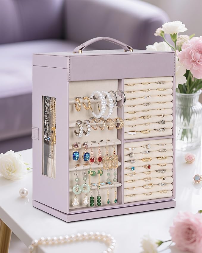 AKOZLIN 6-Tier Jewelry Box Organizer Functional 5 Drawers Leather Jewelry Storage Case for Women Girls Ring Necklace Earring Bracelet Holder Organizer with Mirror XL Purple 360° Rotating - Image 8