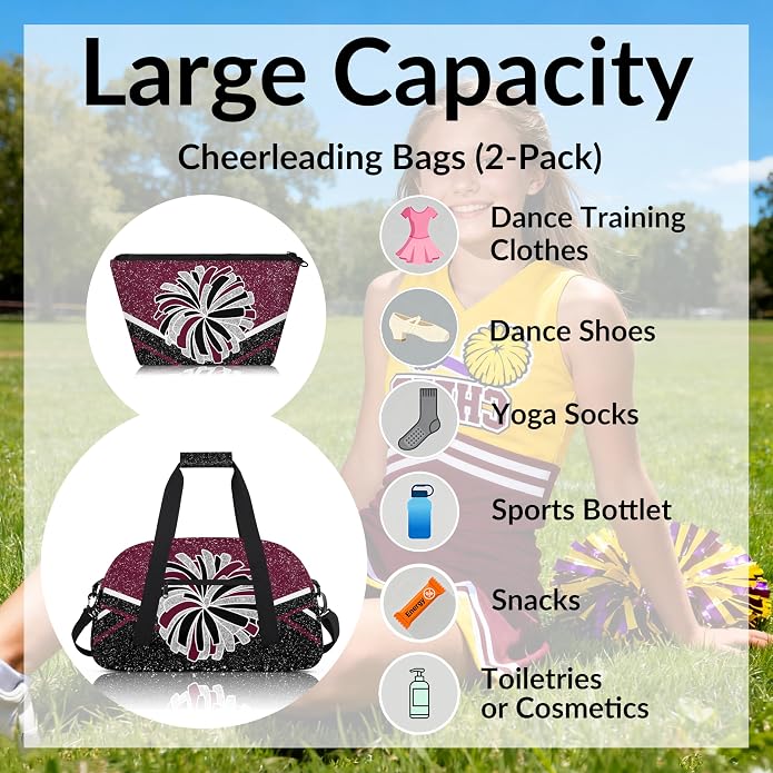 Cheerleading Dance Bag for Women Cheer Team Sport Gym Makeup Cosmetic Bag 2 Pcs Set - Image 2