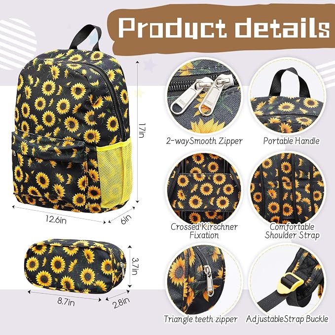 Redbaker 6 Pcs Kids Luggage Set, 17 Inch Rolling Suitcase with Backpack Lunch Bag Neck Pillow, Sunflower Travel Set for Summer Vacation Sleepover Back to School Gift - Image 4