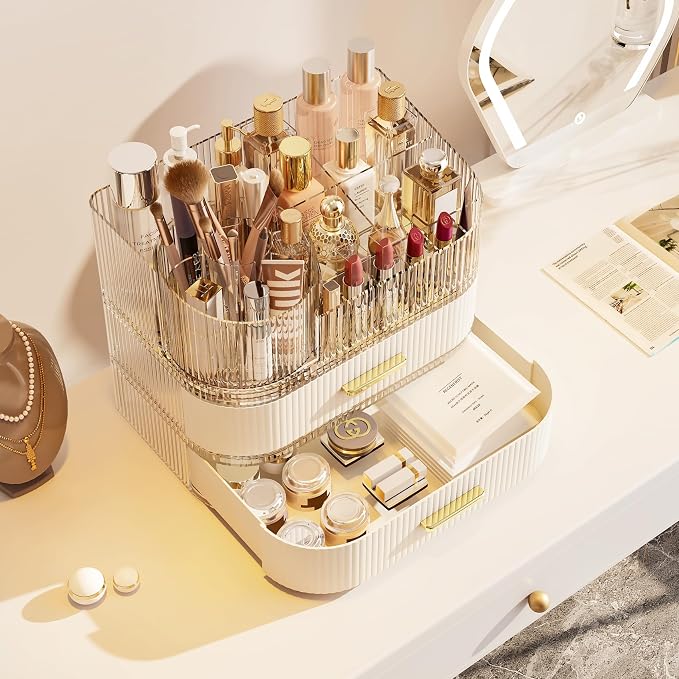 Makeup Organizer with 360 Rotating Brush Holder and Stackable Drawers, Cosmetic Display Case for Vanity, Bathroom Countertop (White, 3 Layer) - Image 7