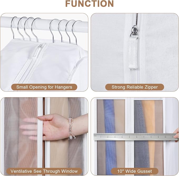 60" Premium Cotton Garment Bag for Hanging Clothes and Storage, Breathable Dress Bags for Gowns with Extra Large 10" Gusseted & Clear Window, Dust Cover with Zipper for Long Dresses, 3 Pack - Image 3