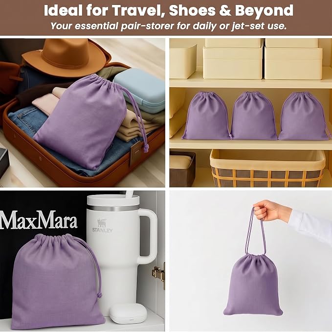 LFH Cotton Rich Shoe Storage Bags with Drawstring, Dustproof Breathable Reusable Organizer, Perfect For Travel, Dorm, Hotel, College, Gym, Easy to Carry, Machine Washable 8"x17" (Pack of 2) - Lavender - Image 6