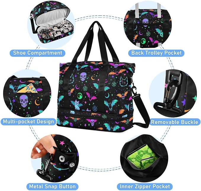 Travel Duffel Tote Bag Magic Skulls Bat and Animal Sports Duffel Bag with Wet Pocket Weekender Overnight Bag for Women Men Gym Bag, Carry On Bag Hospital Bag for Labor and Delivery - Image 4