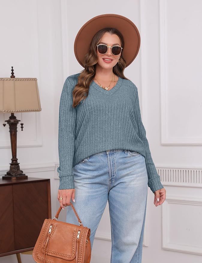 Sampeel V Neck Long Sleeve Shirts for Women Casual Fall Tops Lightweight Tunic Sweaters Fashion Clothes Loose Fit 2025