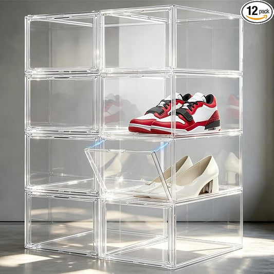 12 Pack Drop Front Shoe Boxes Acrylic Box Sneaker Case Size 12, Transparent Display Cases for Sneaker Collections, Baseball Caps, Hat Organizer Dust-free Shoe Cubbies Stackable Sneaker Boxes by EZJOB