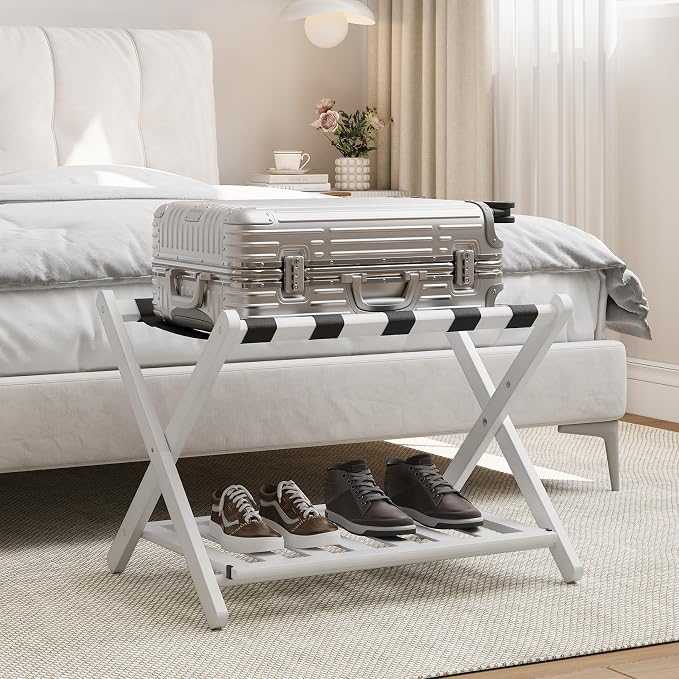 Smart FENDEE Fully Assembled White Bamboo Luggage Rack, 5 Straps Folding Suitcase Stand with Shoe Shelf, Heavy Duty Wood Large Luggage Holders for Guest Room, Bedroom, Hotel by SmartFENDEE