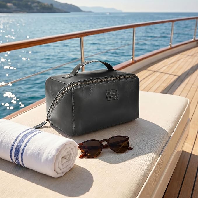 LEATHER VILLAGE Genuine Leather Travel Dopp Kit for Men & Women – Open Flat Large Capacity Cosmetic Bag with Water-Resistant Lining – Skin Care, Brushes, Shaving & Bathroom Essentials Organizer- Black - Image 6